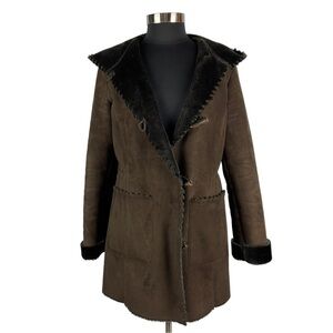 OSCAR BY OSCAR DE LA RENTA FAUX SHEARLING & SUEDE HOODED TOGGLE WINTER COAT